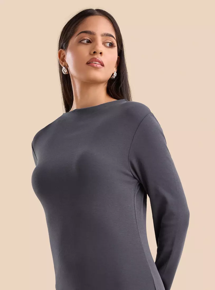 Plain Shift Dress with Slit-3