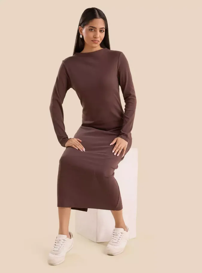 Plain Shift Dress with Slit-8