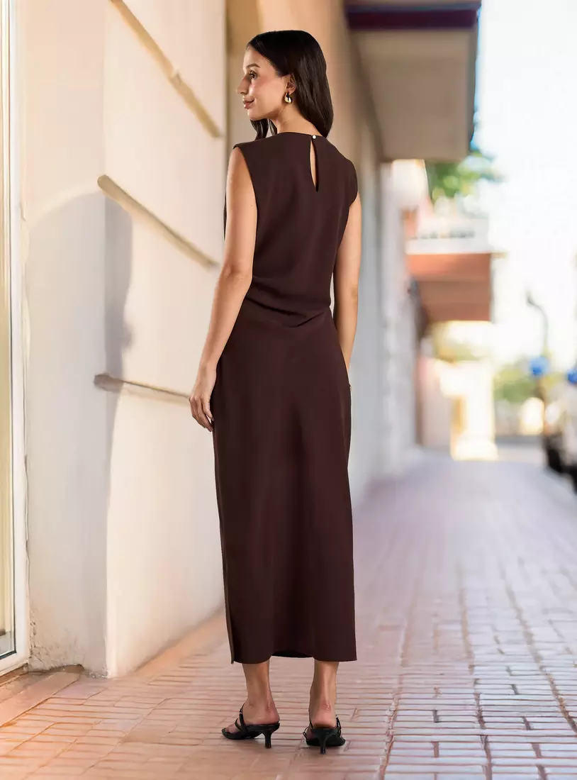 Plain Sleeveless Linen Midi Dress-2