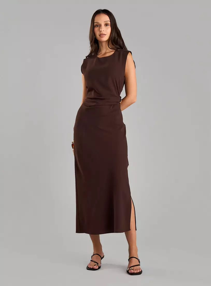 Plain Sleeveless Linen Midi Dress-3