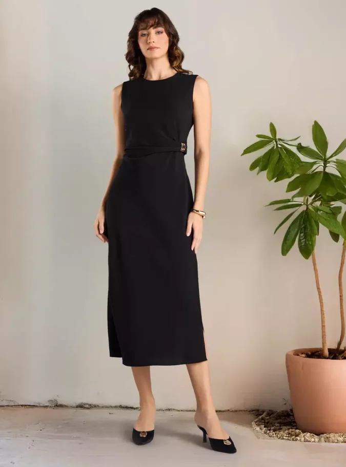 Plain Sleevless Midi Dress with Buckle Accent-1