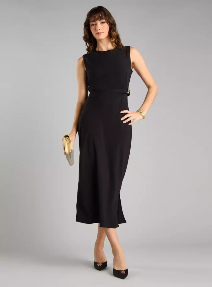 Plain Sleevless Midi Dress with Buckle Accent-4