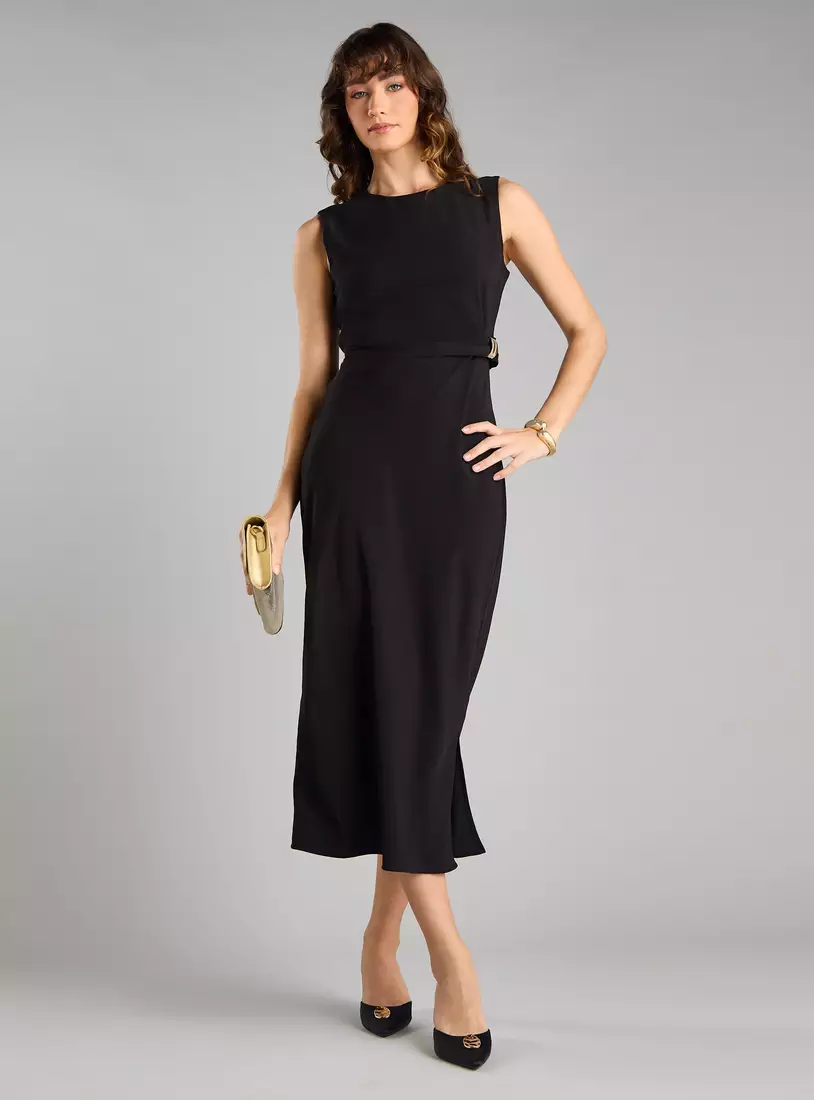 Plain Sleevless Midi Dress with Buckle Accent-4