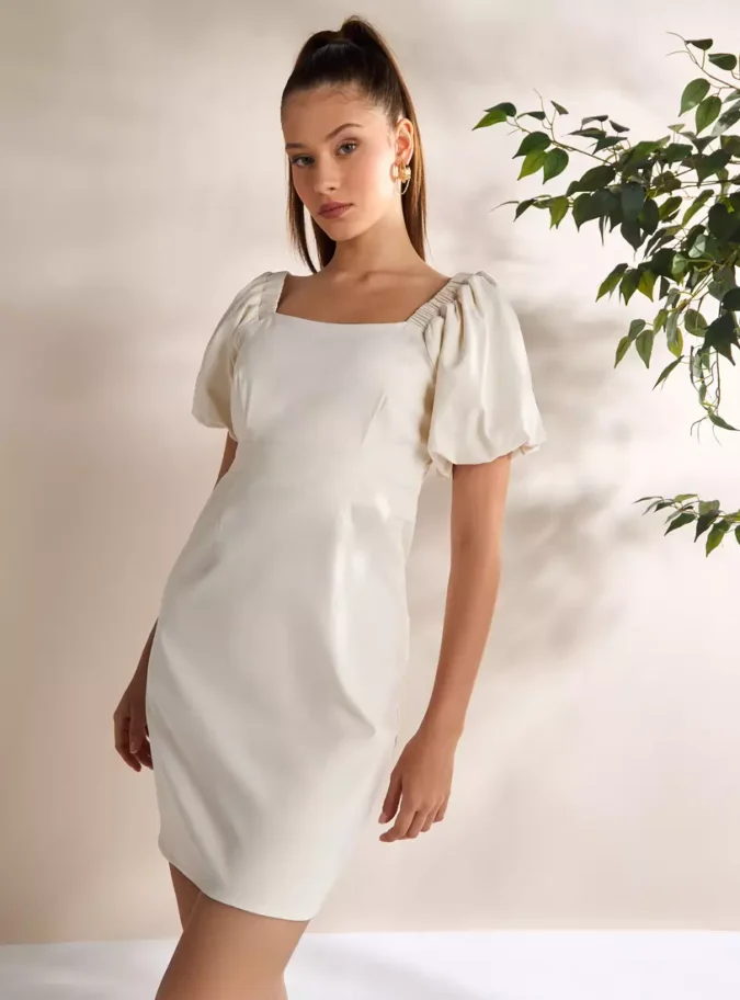 Plain Square Neck Mini Dress with Balloon Sleeves-1