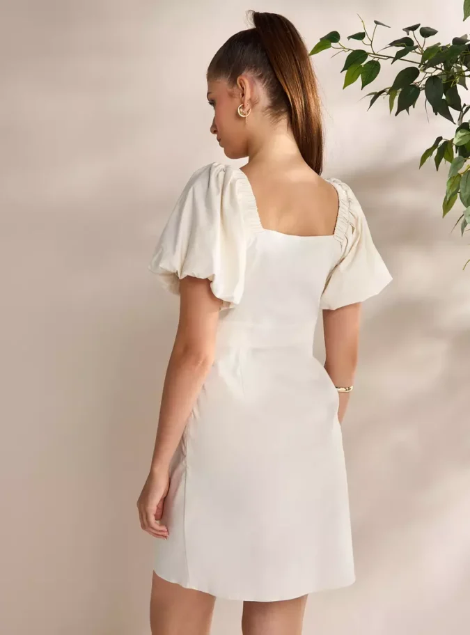 Plain Square Neck Mini Dress with Balloon Sleeves-2