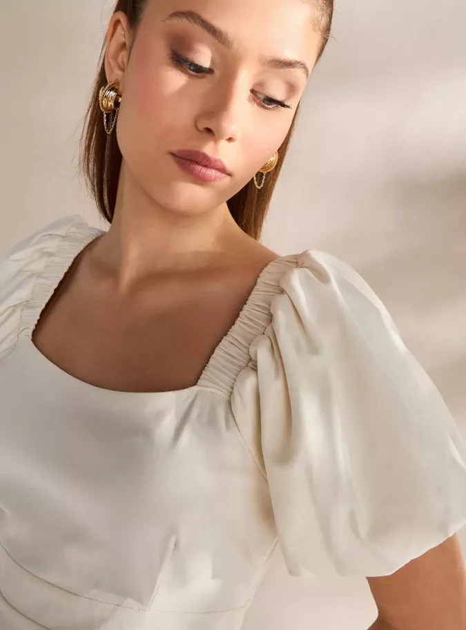 Plain Square Neck Mini Dress with Balloon Sleeves-3