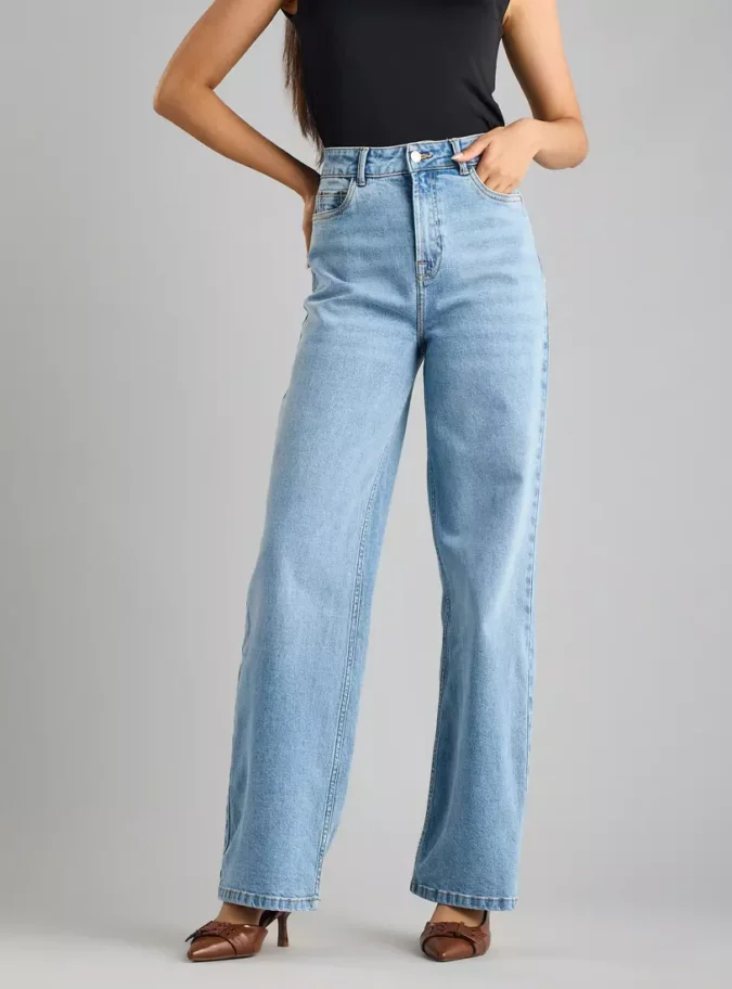 Plain Stretchable Wide Leg Jeans-1