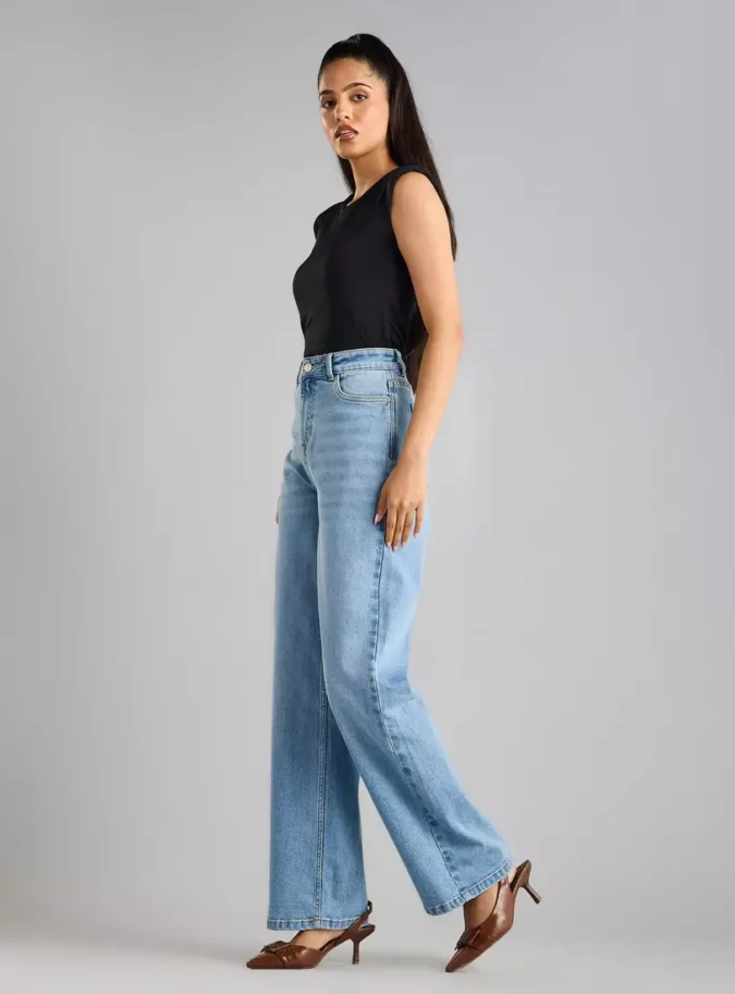 Plain Stretchable Wide Leg Jeans-4