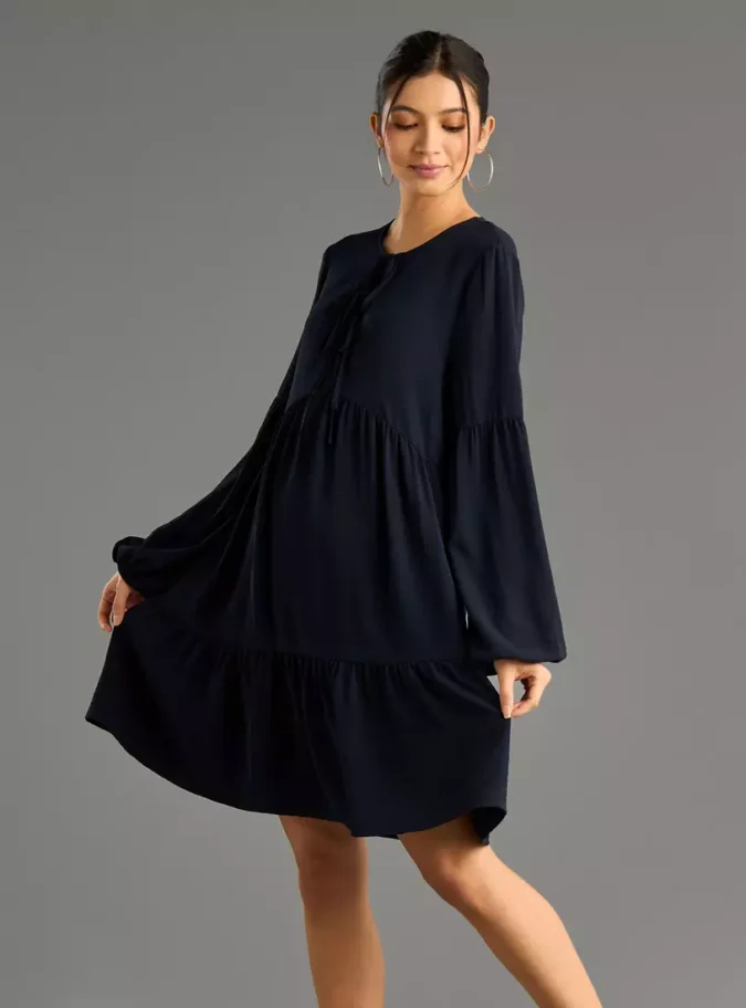 Plain Tiered Dress with Tie-Up Detail-1