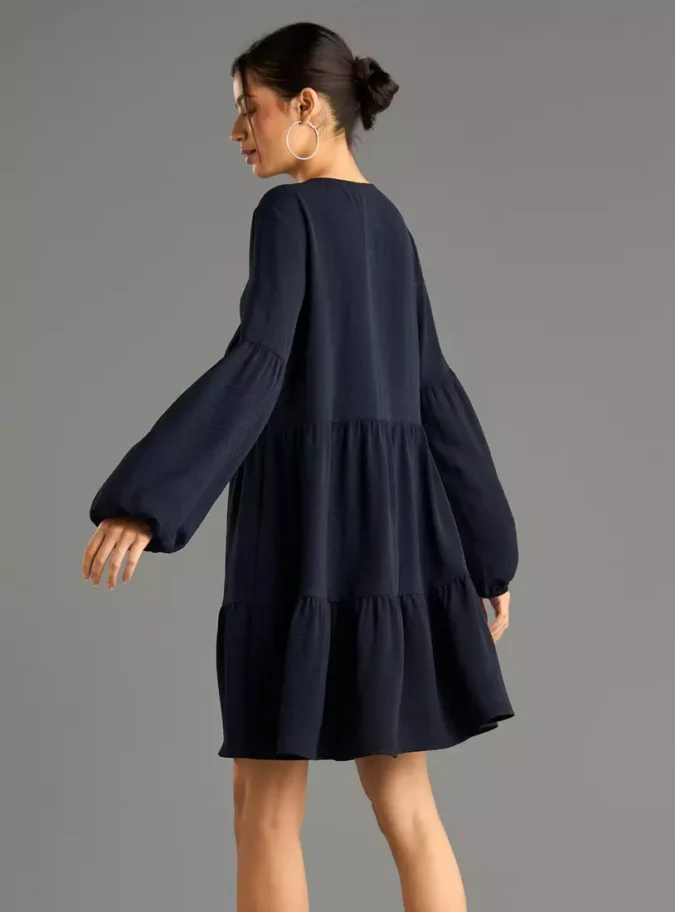 Plain Tiered Dress with Tie-Up Detail-2