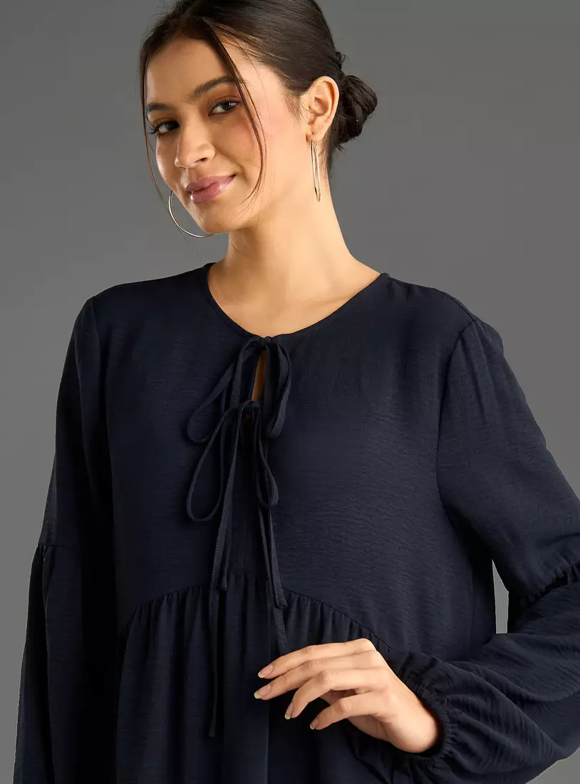 Plain Tiered Dress with Tie-Up Detail-3