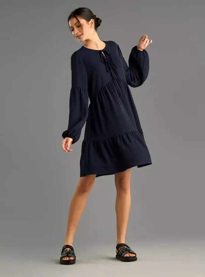 Plain Tiered Dress with Tie-Up Detail-4