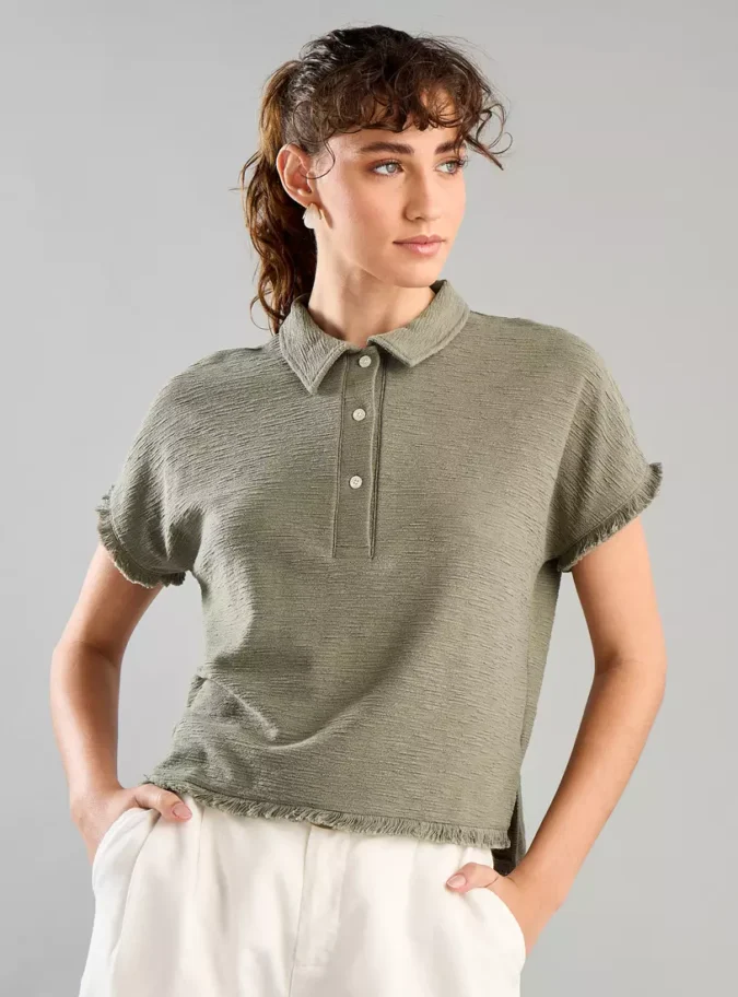 Polo T-shirt with Fringe Hem -1