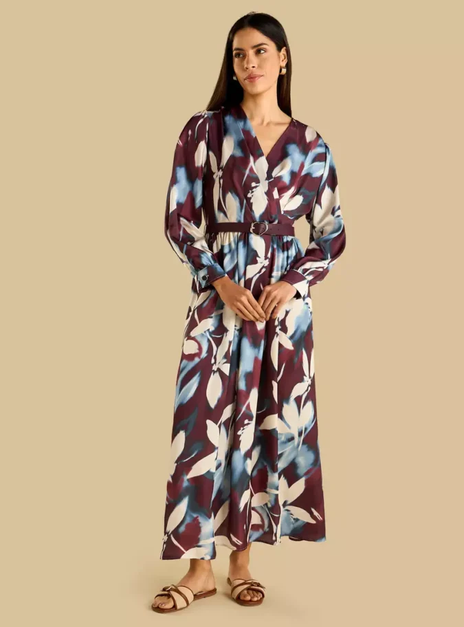 Printed Belted V-neck Satin Wrap Dress-1
