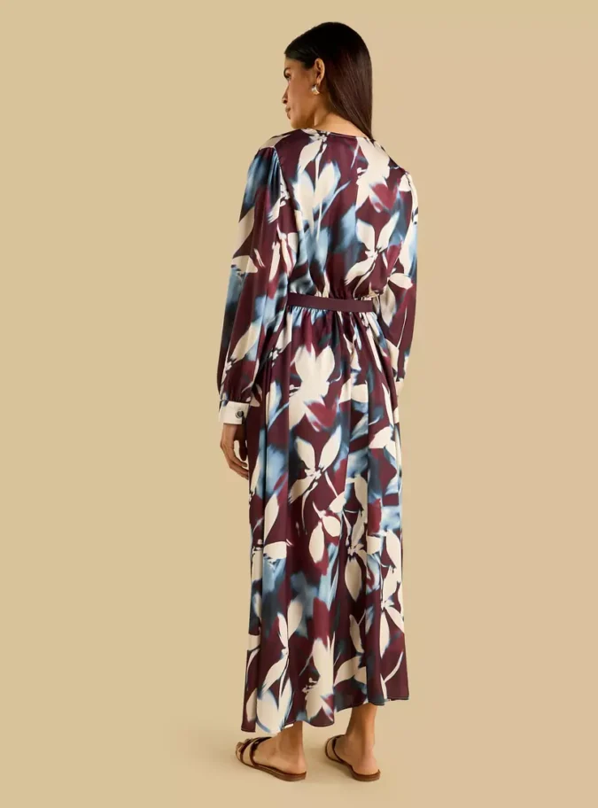 Printed Belted V-neck Satin Wrap Dress-2