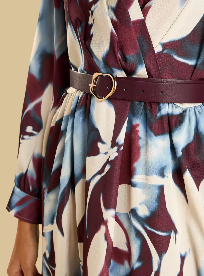 Printed Belted V-neck Satin Wrap Dress-3