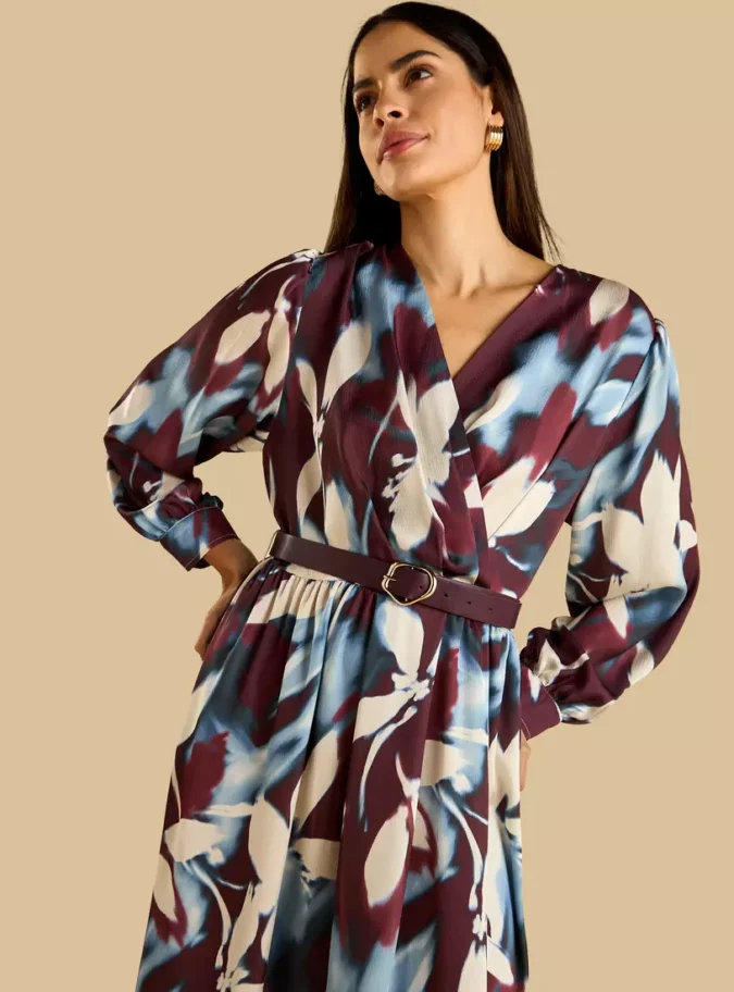 Printed Belted V-neck Satin Wrap Dress-4