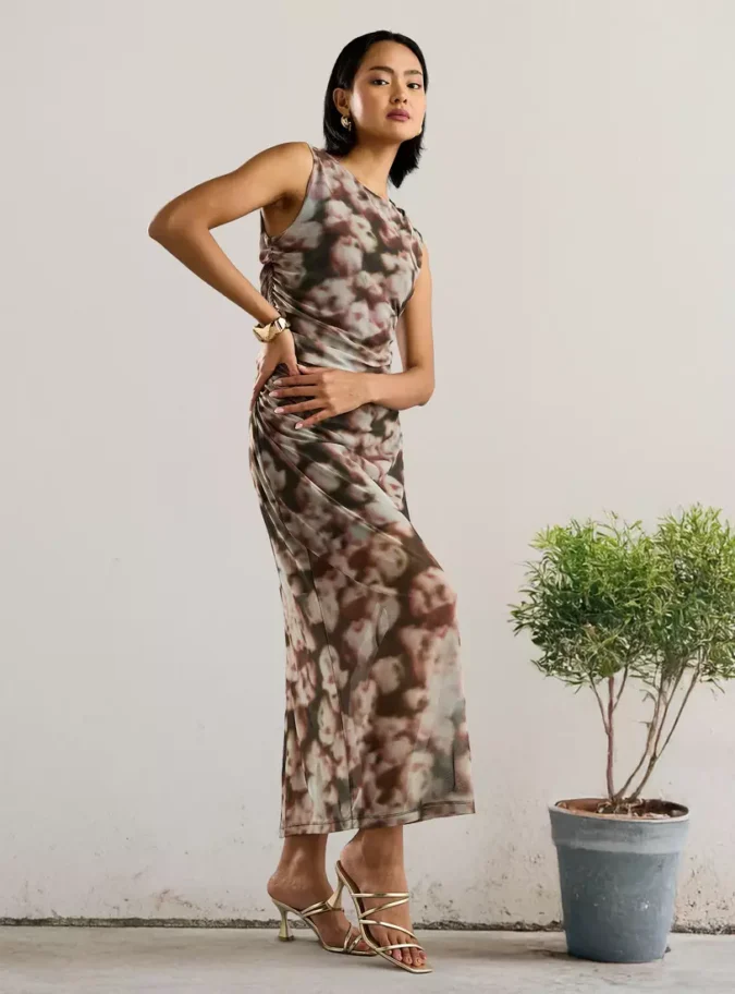 Printed Draped Mesh Dress-1