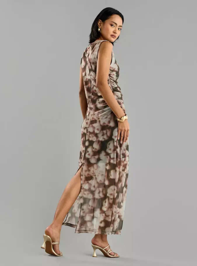 Printed Draped Mesh Dress-2