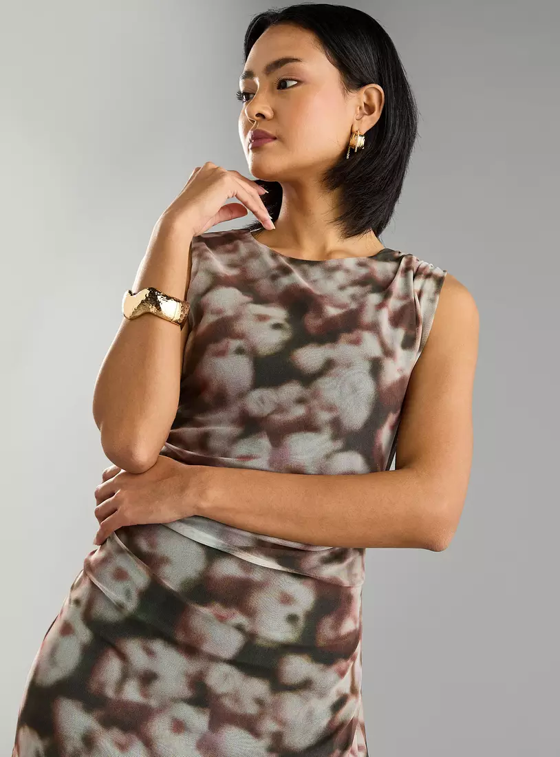 Printed Draped Mesh Dress-3