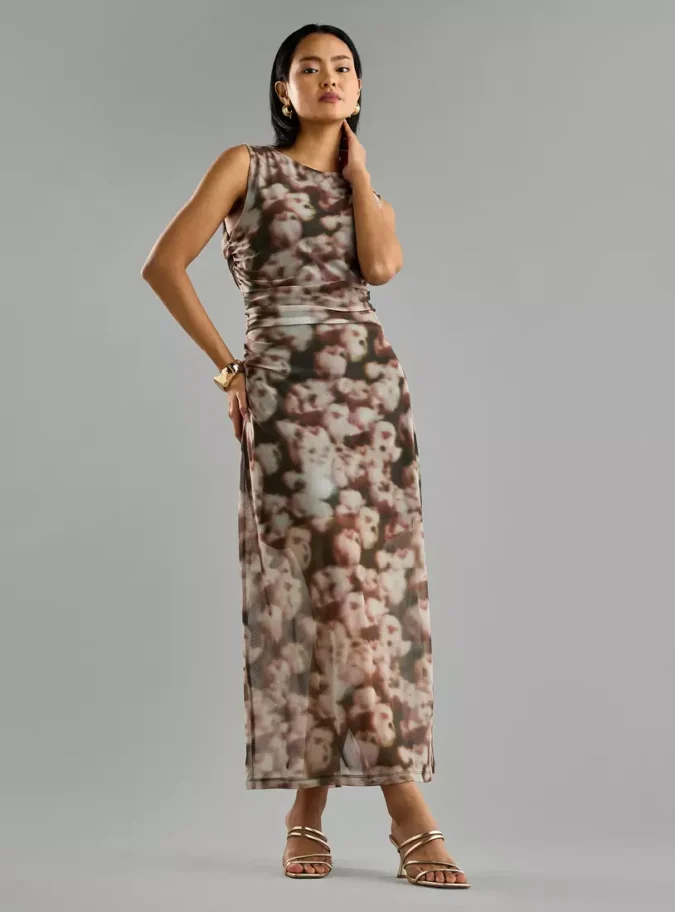 Printed Draped Mesh Dress-4