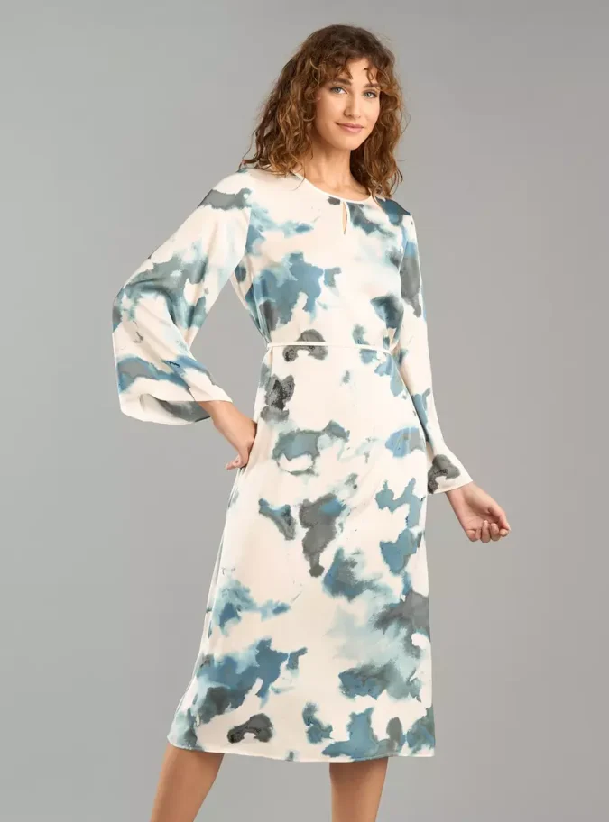 Printed Satin Midi Dress with Tie-Up Belt-1