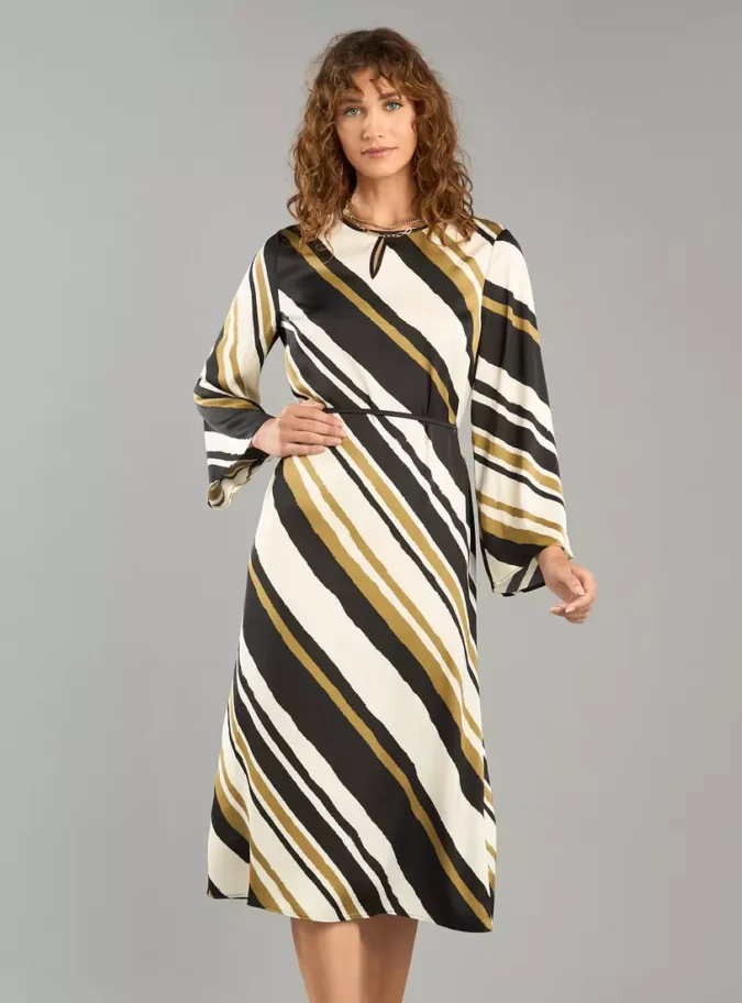 Printed Satin Midi Dress with Tie-Up Belt-1