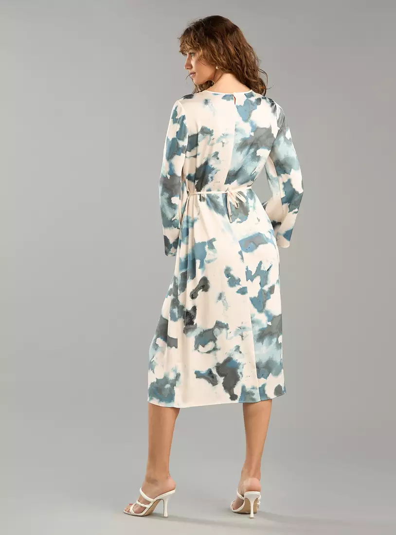 Printed Satin Midi Dress with Tie-Up Belt-2