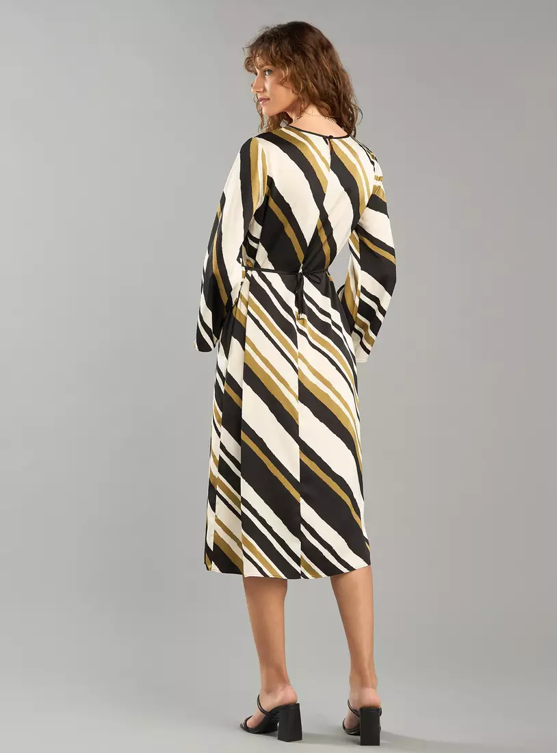 Printed Satin Midi Dress with Tie-Up Belt-2