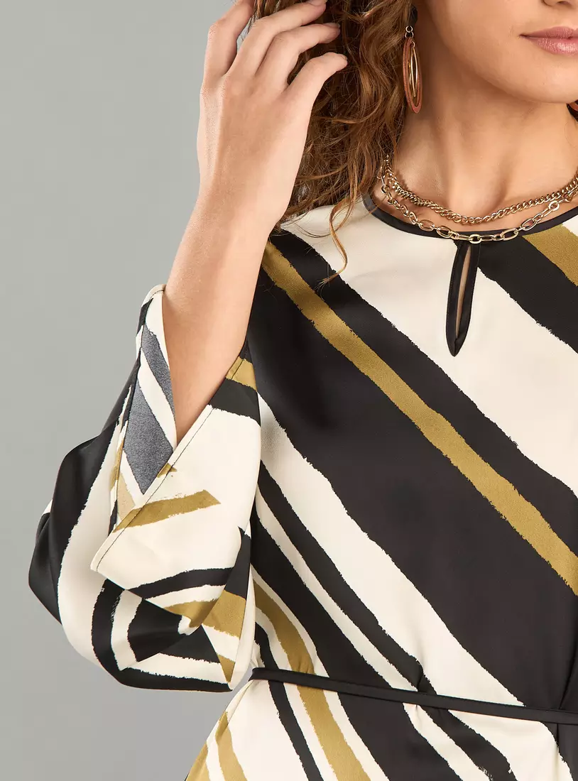 Printed Satin Midi Dress with Tie-Up Belt-3