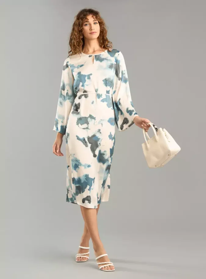 Printed Satin Midi Dress with Tie-Up Belt-4