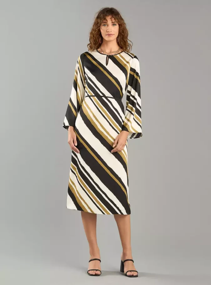 Printed Satin Midi Dress with Tie-Up Belt-4