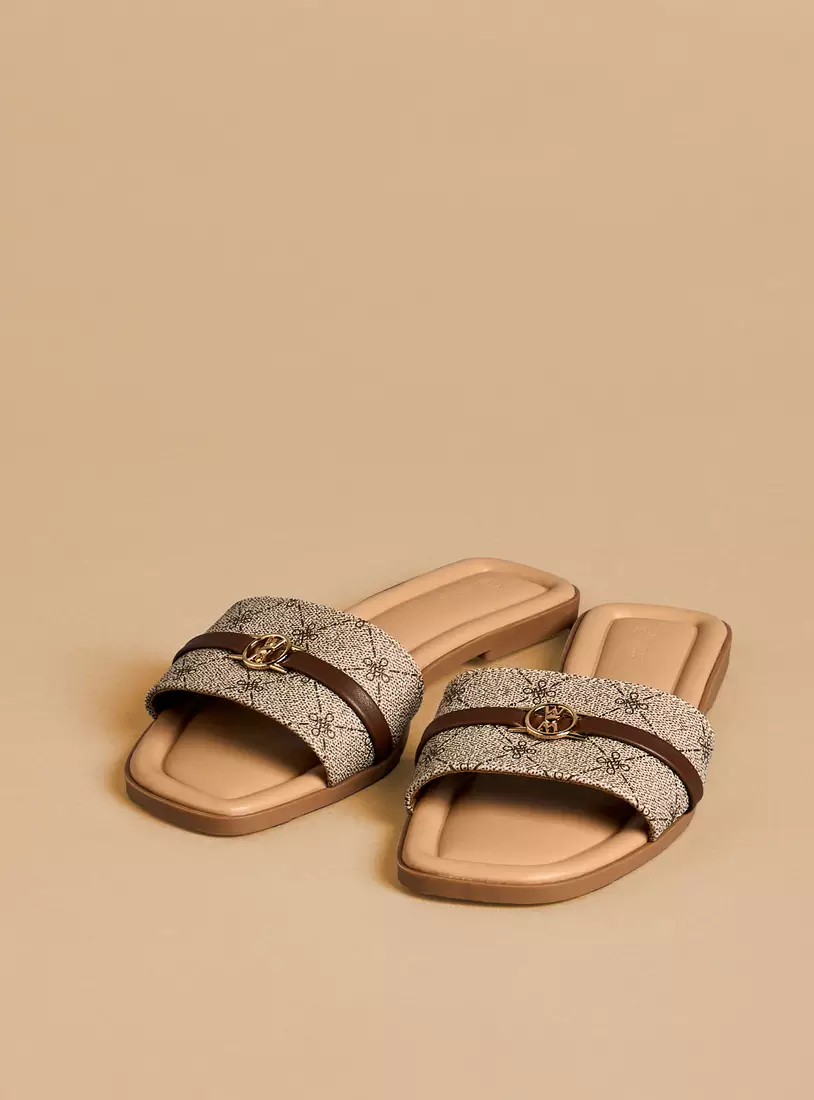 Printed Slip-On Sandals with Metal Accent-4