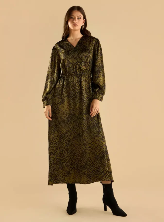 Printed V-neck Satin Wrap Dress-1