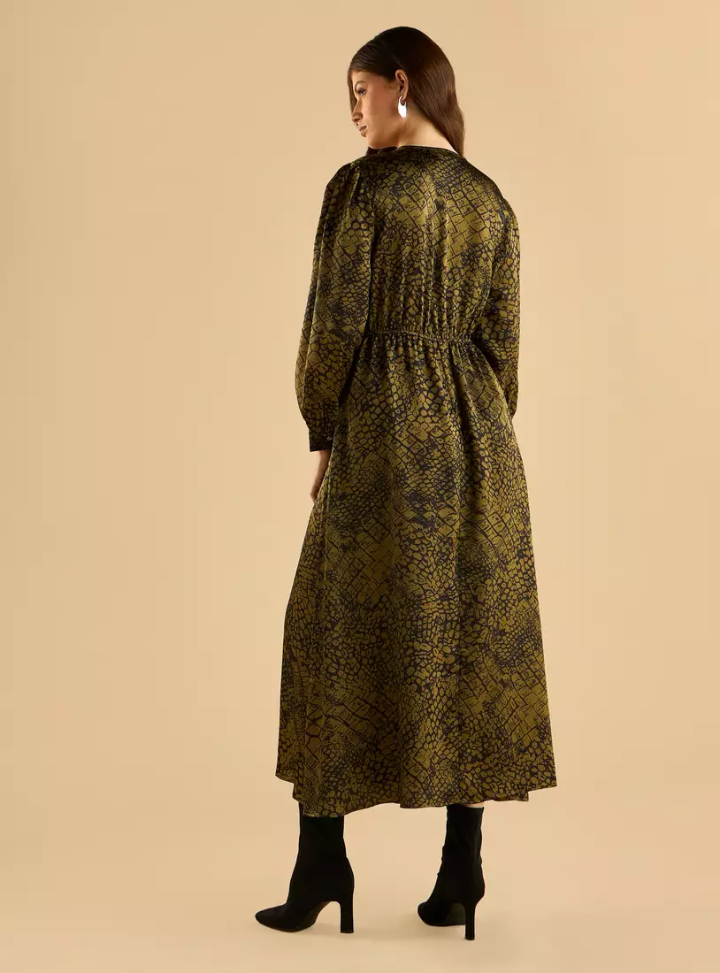 Printed V-neck Satin Wrap Dress-2