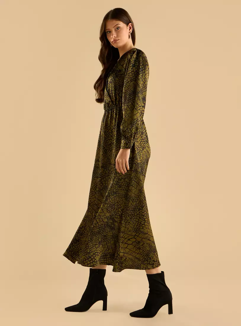 Printed V-neck Satin Wrap Dress-4