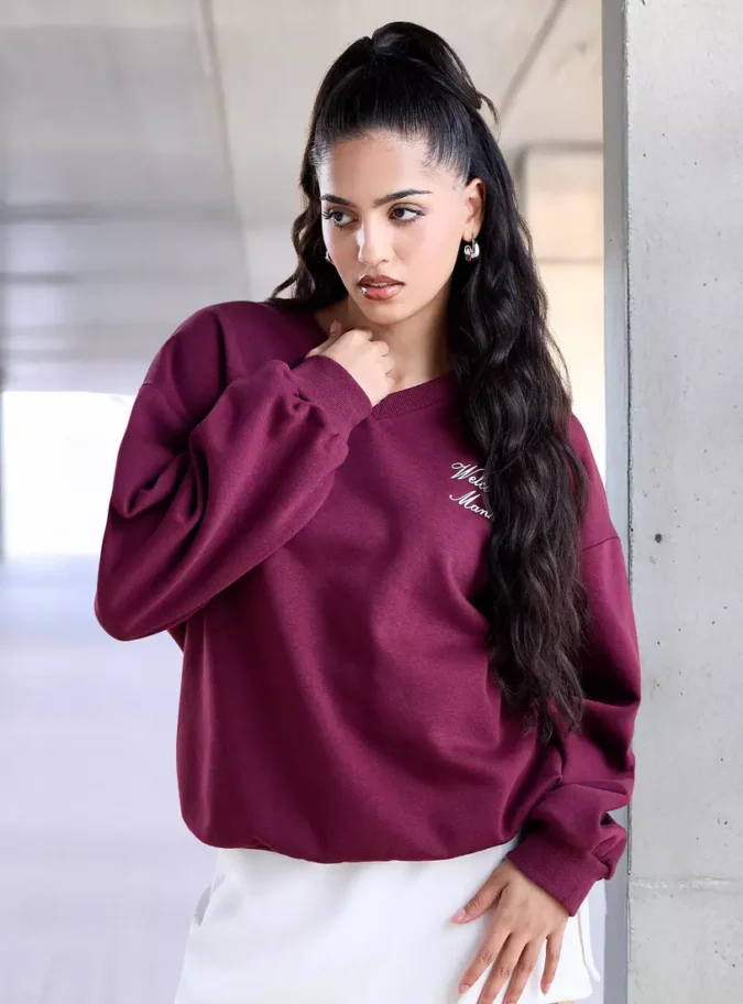 Printed V-neck Sweatshirt-1