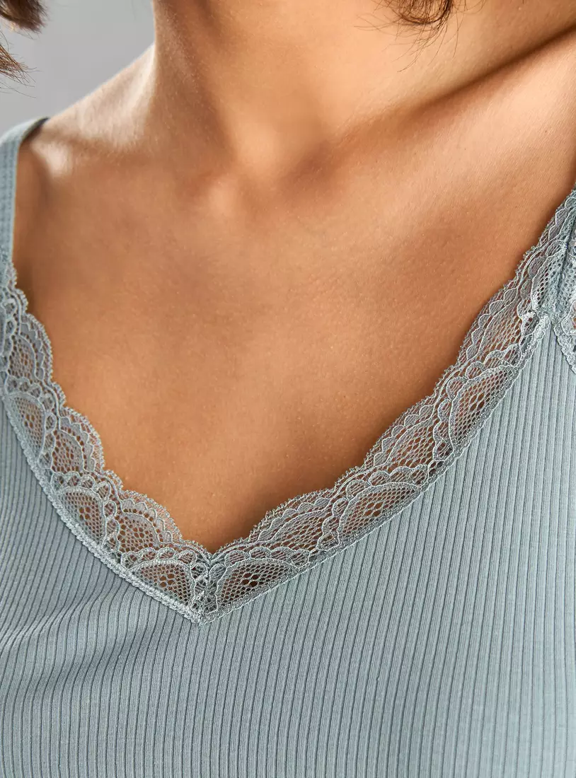 Ribbed Camisole with Lace Detail-3