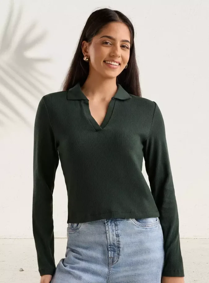 Ribbed Crop Polo T-shirt-1