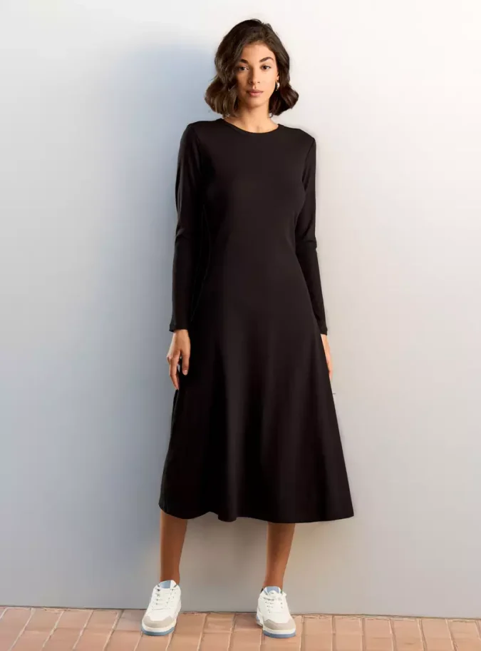 Ribbed Flared Midi Dress with Long Sleeves-1