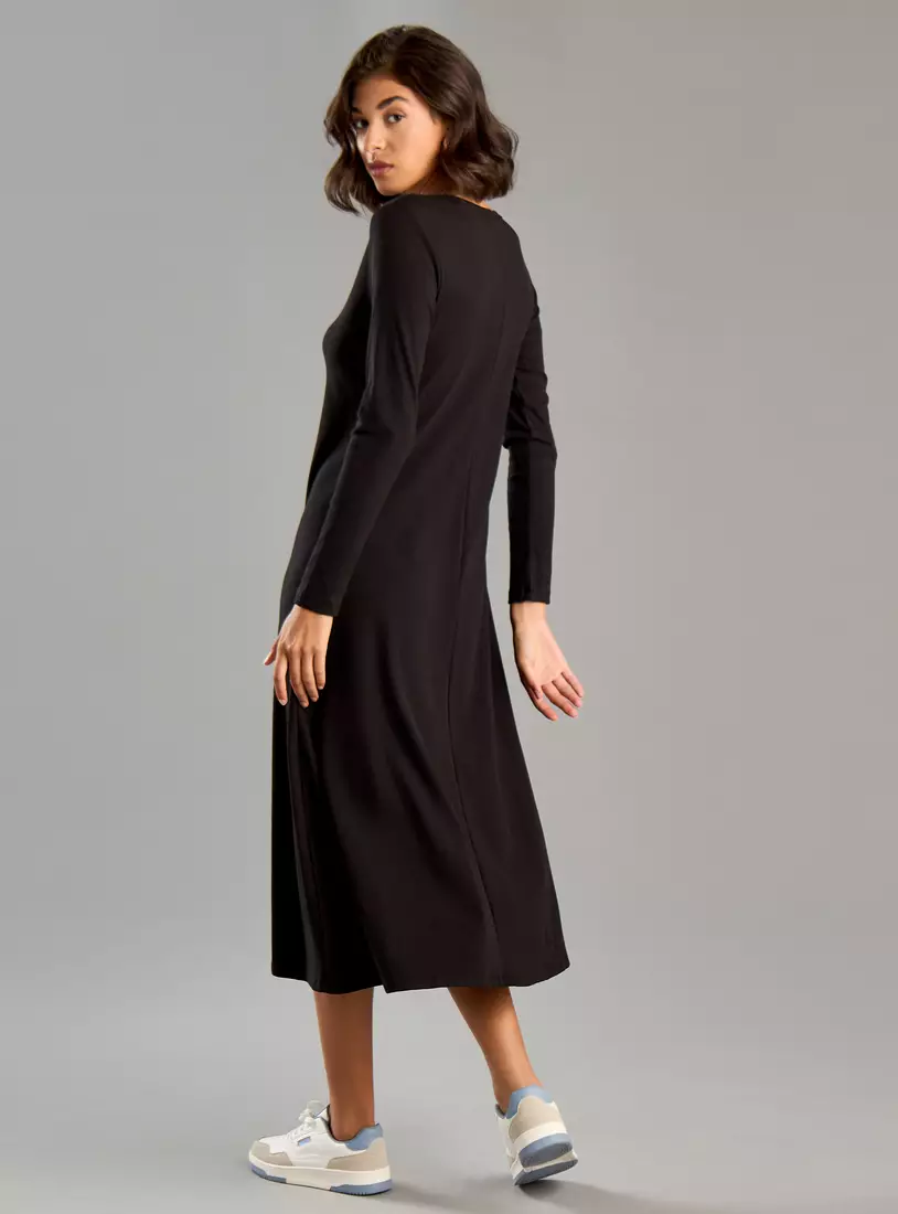 Ribbed Flared Midi Dress with Long Sleeves-2