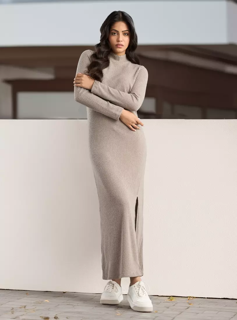 Ribbed High-Neck Dress-4