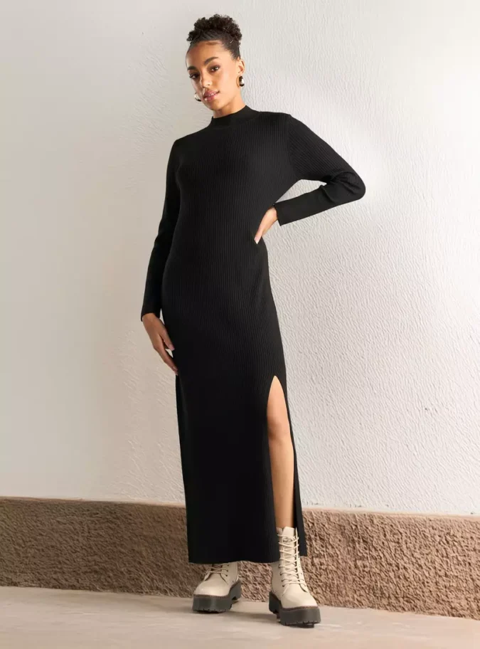 Ribbed Maxi Dress with Slit Detail-1