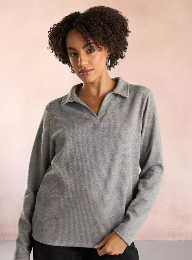 Ribbed Polo Top with Long Sleeves -1