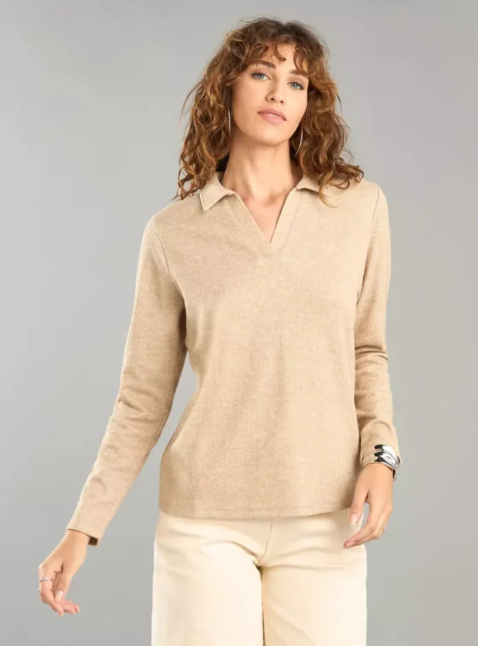 Ribbed Polo Top with Long Sleeves-1