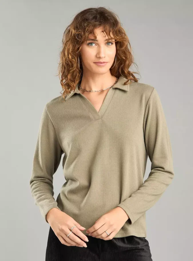 Ribbed Polo Top with Long Sleeves-1