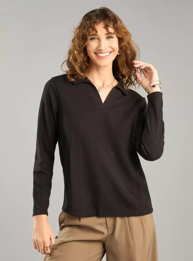 Ribbed Polo Top with Long Sleeves-1