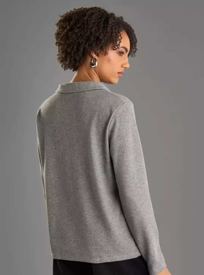 Ribbed Polo Top with Long Sleeves -2
