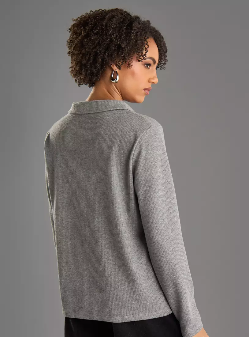 Ribbed Polo Top with Long Sleeves -2