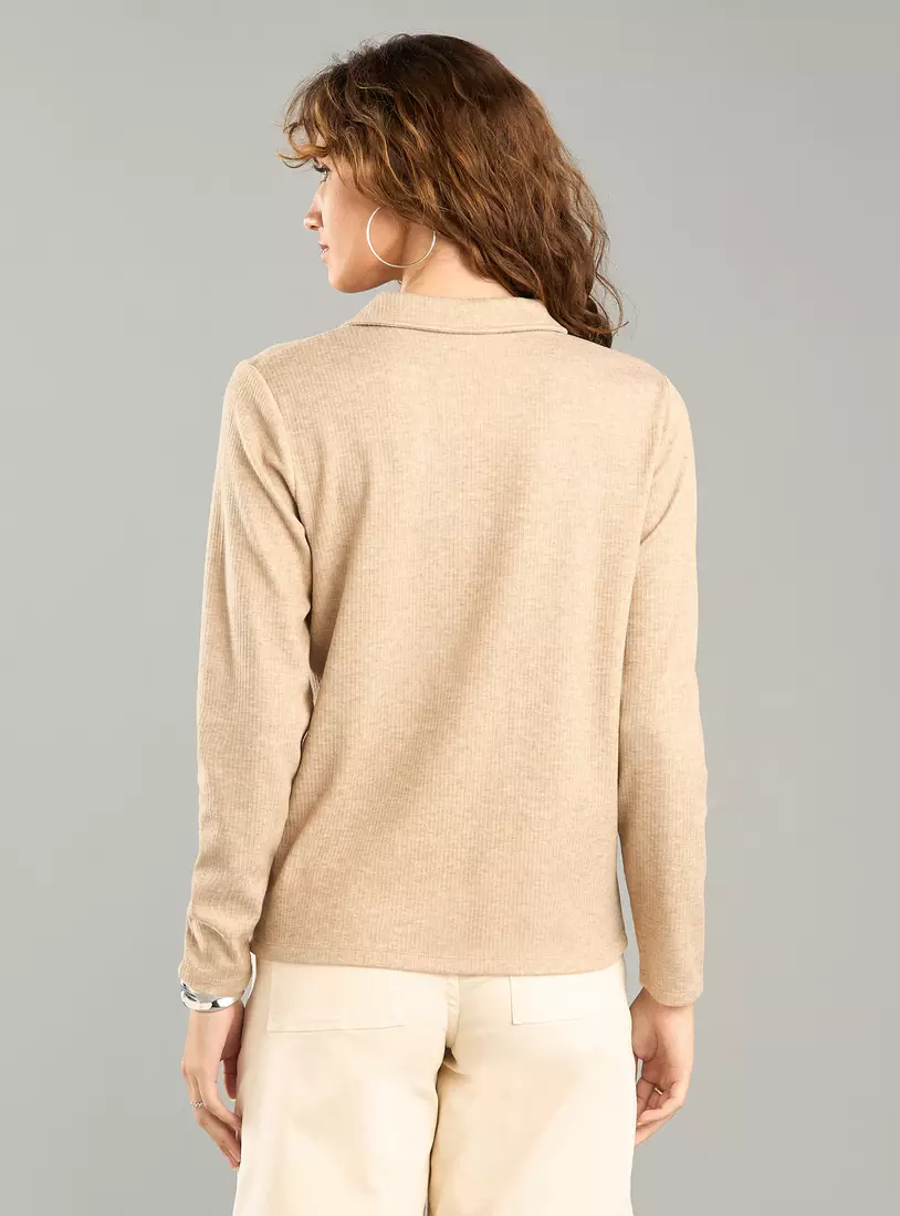 Ribbed Polo Top with Long Sleeves-2